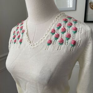 NWT NOS Vintage 70s Georgie Porgie Knit Sweater Embroidered Flowers XS